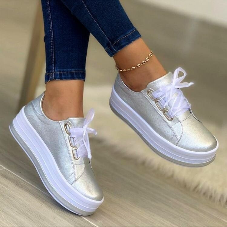 Women’s Fashion Platform Sneakers with Ribbon Lace-Up – Casual Flat Shoes
