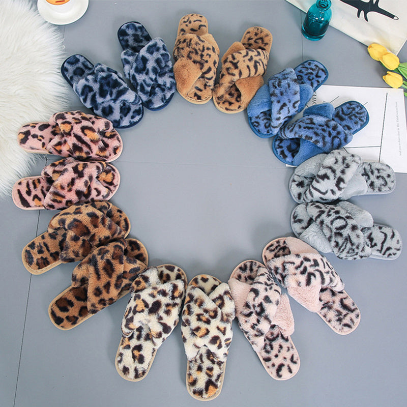 Women’s Fleece Lined Leopard Slippers Soft Indoor Flat Shoes