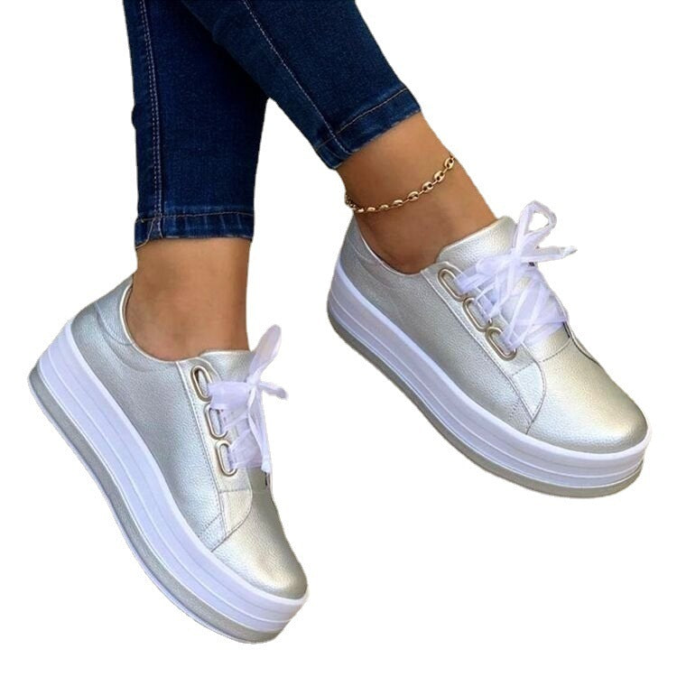 Women’s Fashion Platform Sneakers with Ribbon Lace-Up – Casual Flat Shoes