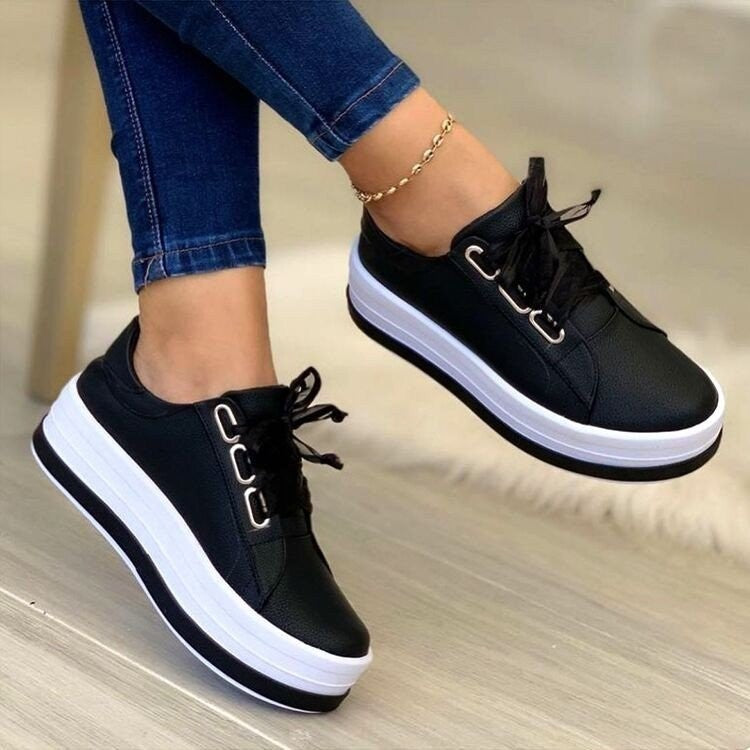 Women’s Fashion Platform Sneakers with Ribbon Lace-Up – Casual Flat Shoes